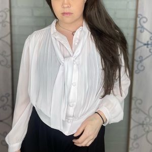 Vintage 1970s Tie Front Sheer White Blouse S/M